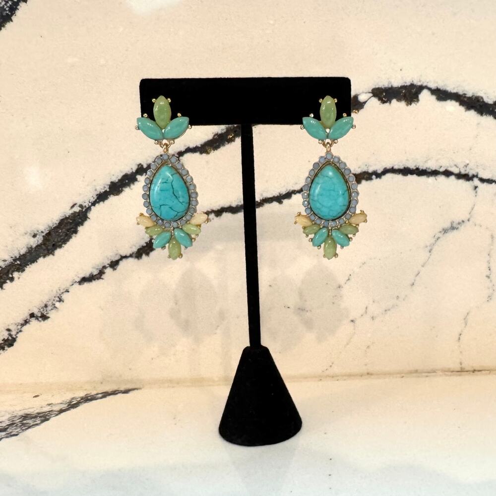 Faux Turquoise Chandelier Earrings Gold Tone Multicolor Boho Statement Dangle